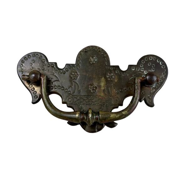 Vintage Drawer Pulls Brass Floral Engraved Cabinet Dresser Sideboard Handle - Picture 1 of 8